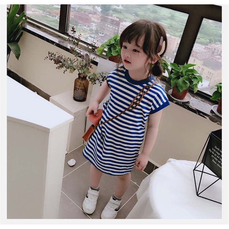 Dress T-shirt Anak Perempuan Tanpa Lengan Motif Strip Biru Import