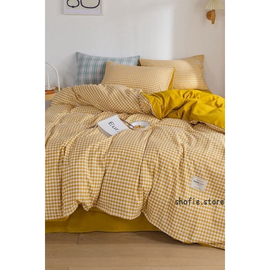 Sprei aesthetic motif kotak kecil yellow seprei picnic adem katun lilac 190x200 100x200 120x200