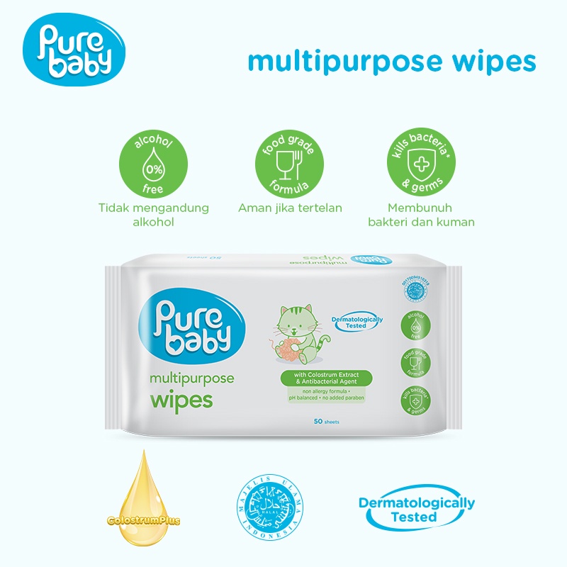 ★ BB ★ Pure Baby Multipurpose Wipes 50 + 50S - Tisu Basah Bayi Serbaguna Food Grade Tanpa Alkohol