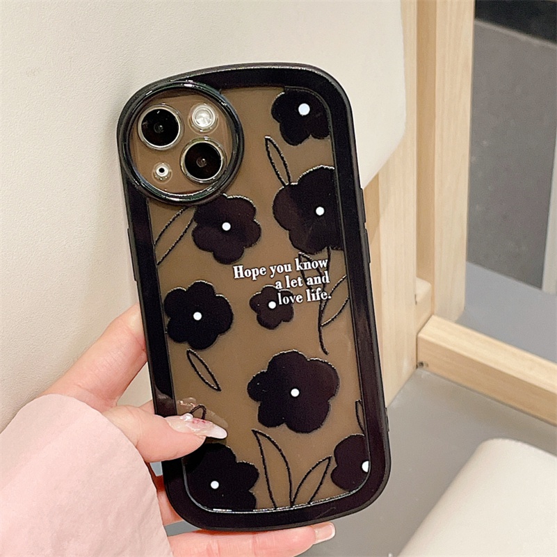 Soft Case Silikon Transparan Motif Bunga Hitam Untuk IPhone 13 12 11 Pro Max SE 2020 Xr X Xs Max 7 8 6 6s Plus