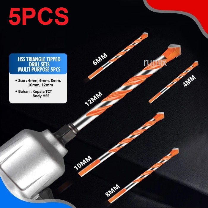 Mata Bor Drill Set 5 pcs Multi Purpose Bor Besi Beton Kayu Multifungsi hss Triangle Tipped Keramik Plastik Alumunium