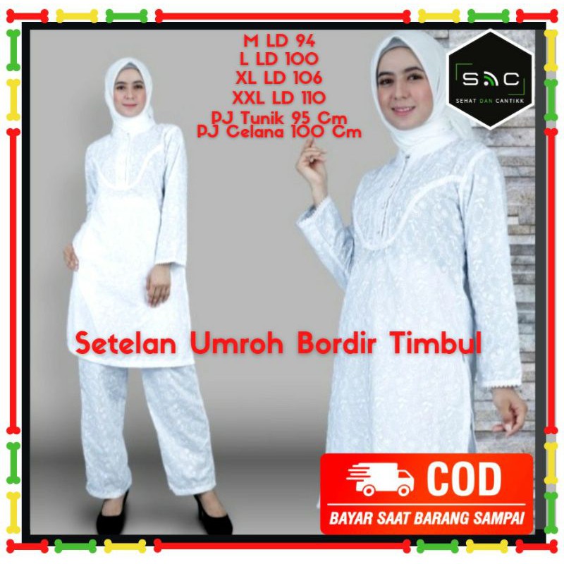 Setelan Tunik Dan Celana Putih Wanita Muslim Katun Bordir Timbul Polos Renda Kancing Depan Mewah Jum
