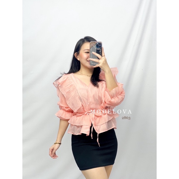 MDLV ~ 2863# Donalda Ruffle Top Blouse Organza Blouse Premium Import Fashion Import