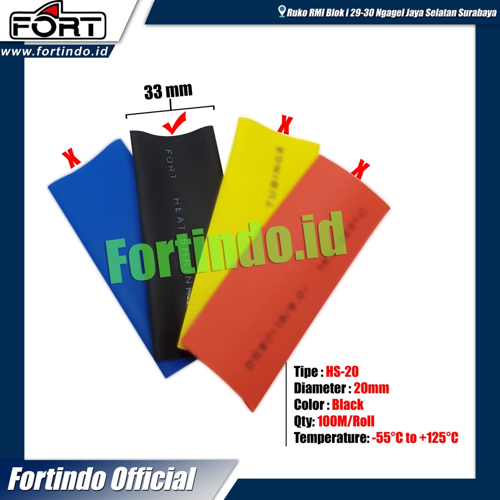Heat Shrink Tubing 1kV Diameter 20mm HS-20 Hitam Selongsong Tube Pelindung Kabel MERK FORT