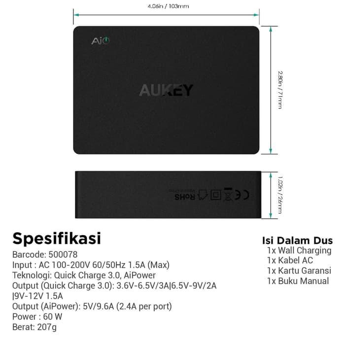 Aukey Charger 6 Ports 60W QC 3.0 &amp; AiQ - SKU : 500078 / 500292