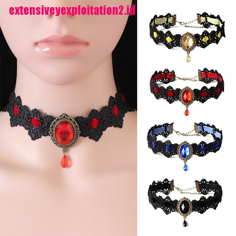 &lt; E2id &amp; &gt; Kalung Choker Lace Hitam Hias Kristal + Berlian Imitasi Gaya Vintage Gothic Untuk Wanita