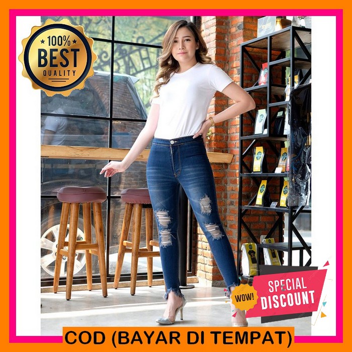 Celana Jeans Import Wanita Motif Sobek Kekinian Pinggang Karet |  XX129 High Waist Sobek Lapis Jeans