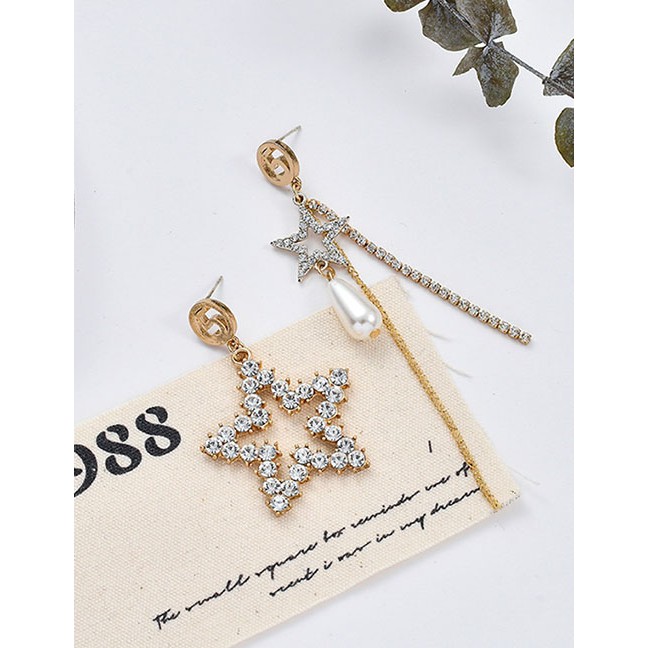 LRC Anting Tusuk Fashion Gold Asymmetrical Star Rhinestone Artificial pearl Tassel Earrings D40210