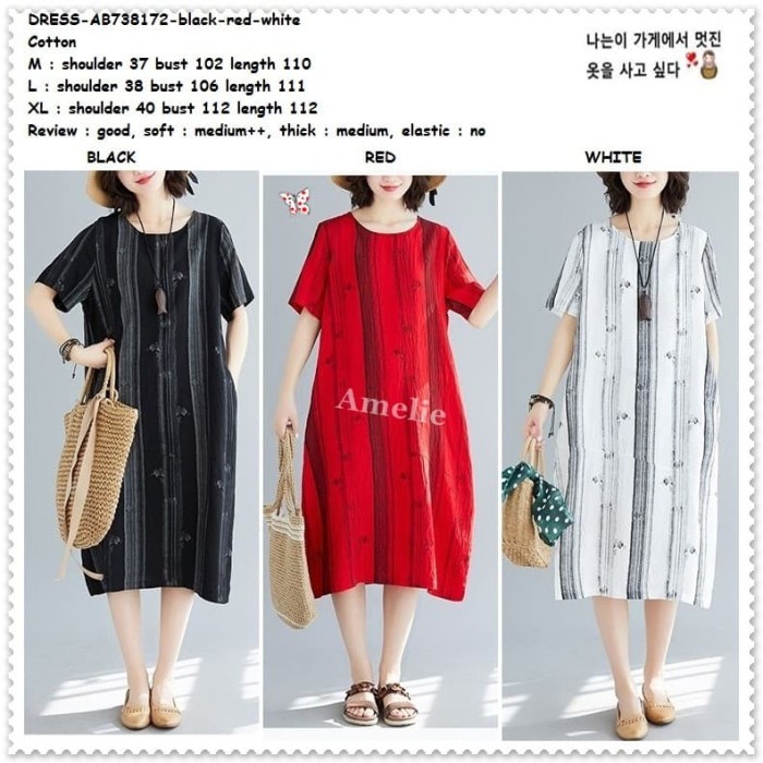 AB738172 Midi Dress Jumbo Big Size Wanita Korea Import Merah Putih(N0T6) Midi dress muslim MIDI DRES