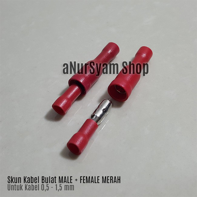 Skun Kabel Bulat Male + Female MERAH Sepasang 0.5 - 1.5mm