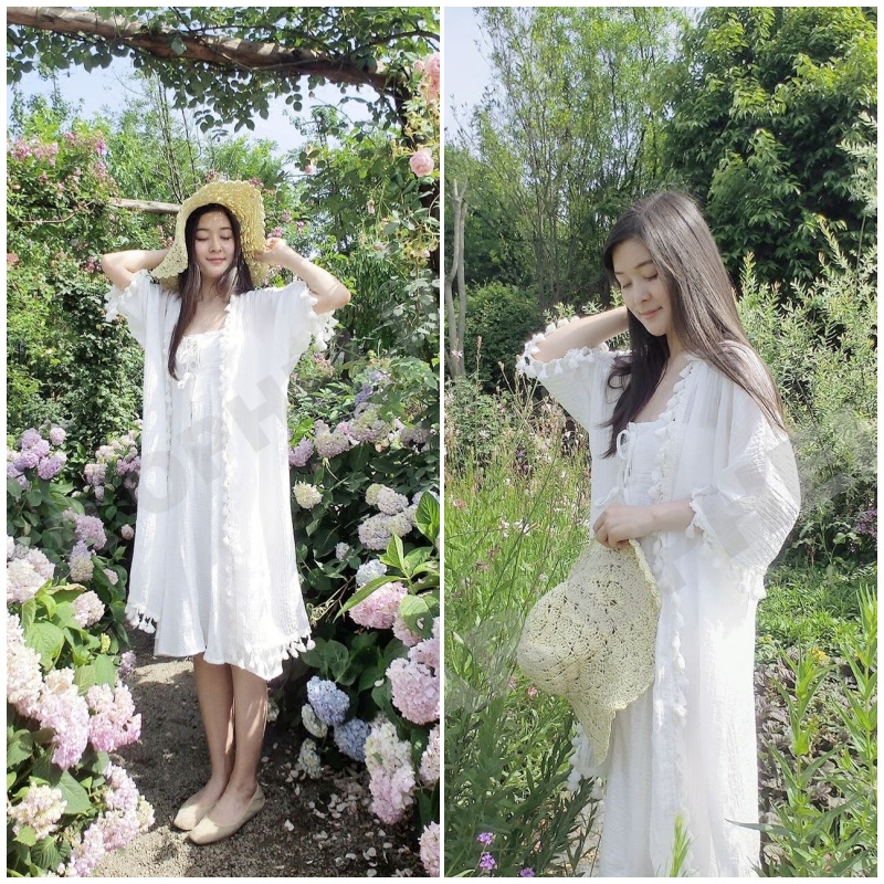 Cardigan Outer Outwear Pantai Boho Bohemian rumbai Tassel Putih Polos Bali