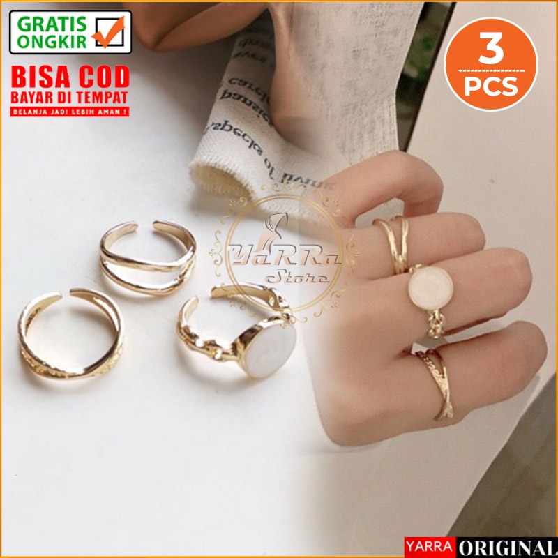 Cincin Titanium Wanita 1 Set 3 Pcs Lapis Emas Bentuk Koin Bulat Putih Fashion Korea Aksesoris perhia