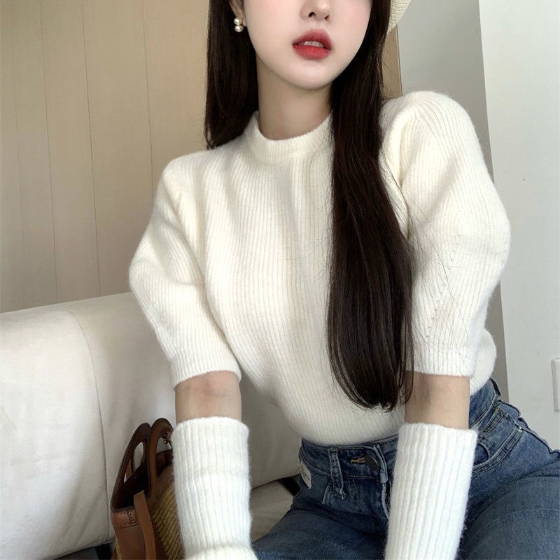 Suhao Musim Semi dan Musim Gugur Round Neck Vintage Bubble Sleeve Pullover Knitwear Legging Sleeve Sleeve Cover Element Top