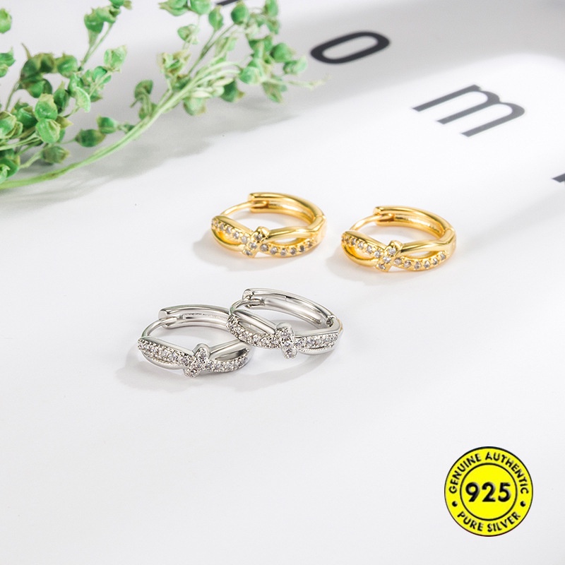 Anting Tusuk Gantung Sterling Silver Desain Simpul Silang Hias Berlian Imitasi Gaya Simple Untuk Wanita