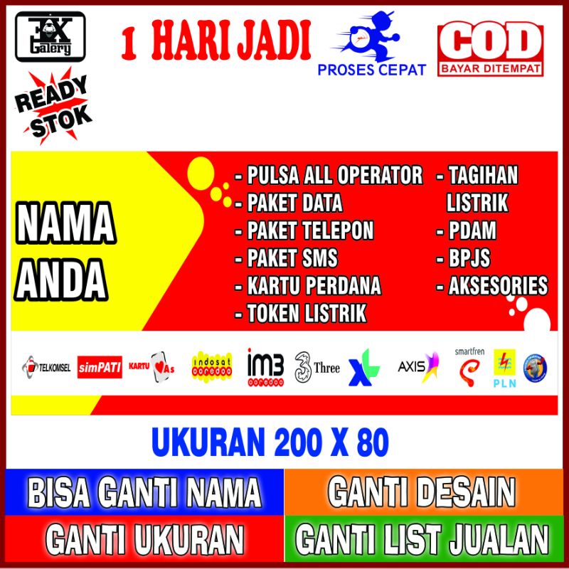 (TERMURAH) SPANDUK BANNER KONTER TERMURAH PAKET HEMAT. Ukuran 200 X 80, bisa ganti nama, tulisan dll