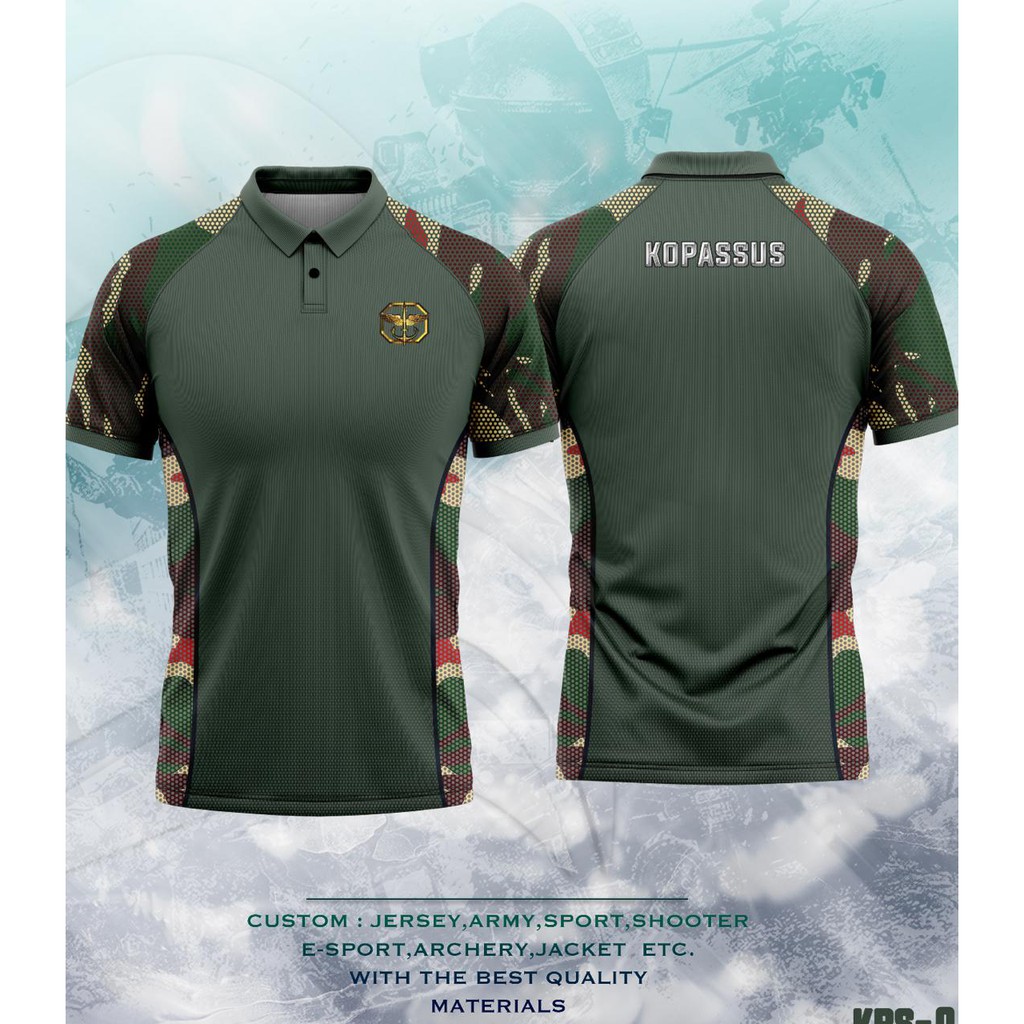 Kaos Jersey CUSTOM TNI KOPASUS Hijau full printing polo shirt