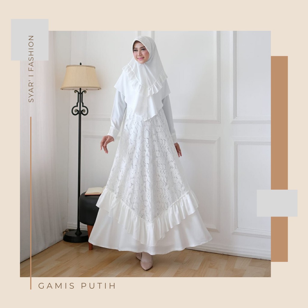 Baju Gamis Brukat Syari Wanita Perempuan Muslim Lebaran Pesta Putih Terbaru 2020