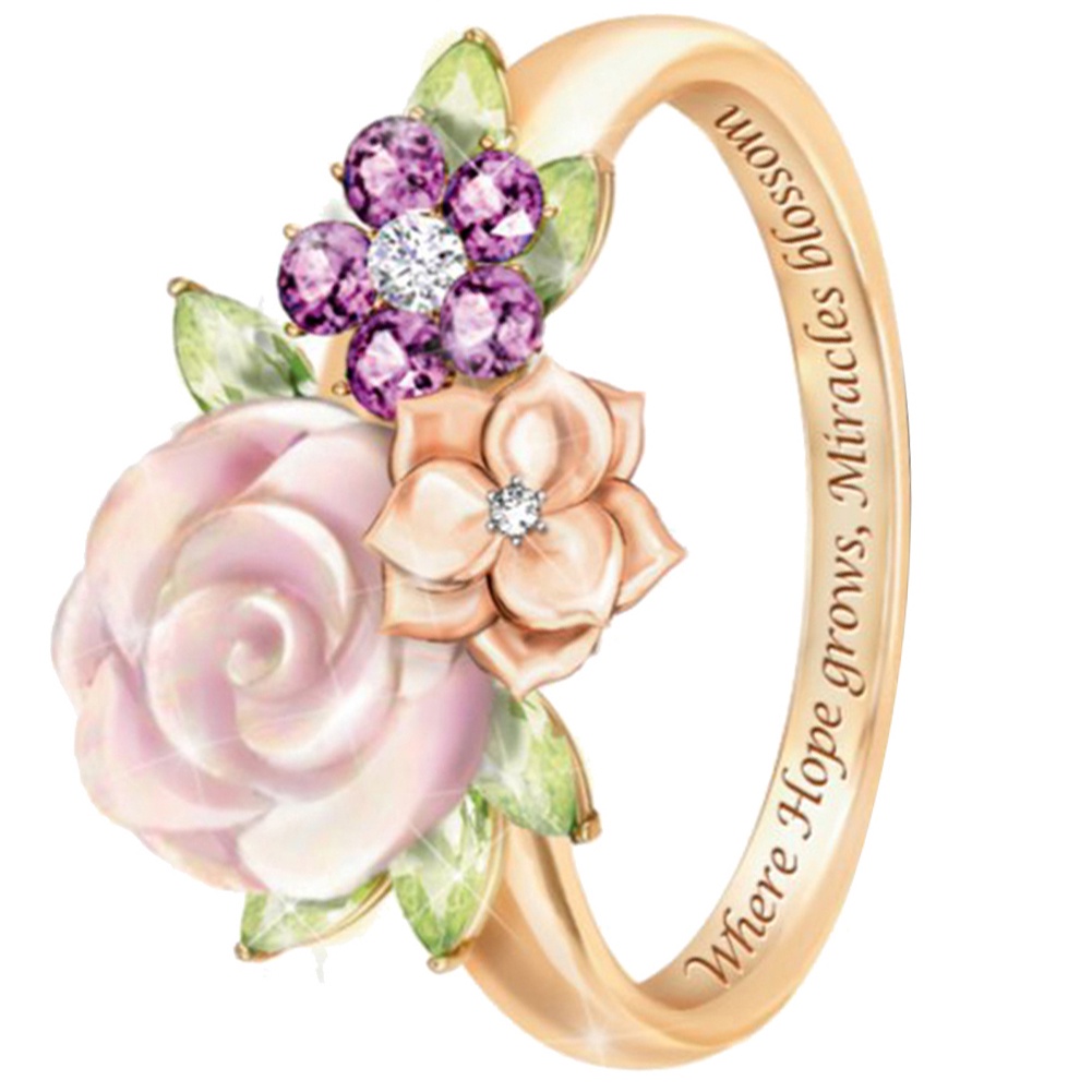 Hu Hu Hu Hu Hu Alat Bantu Pasang Kacamata♡ Cincin Wanita Desain Bunga Tulisan Inspirasional Hias Berlian Imitasi Untuk Hadiah Valentine