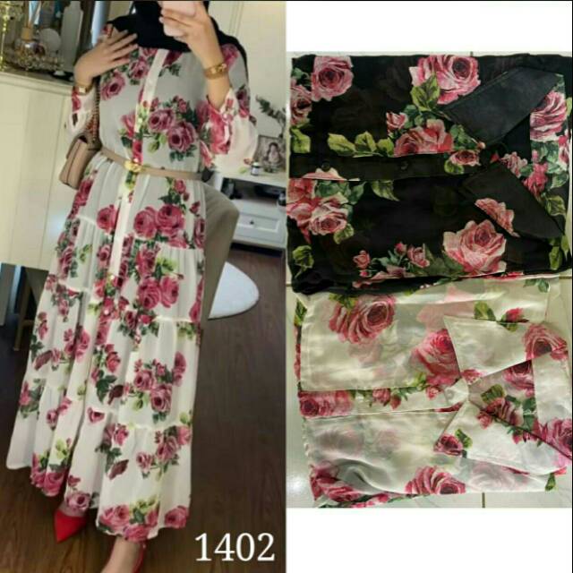 Gamis 1402 Outer kancing aktif motif bunga mawar Nagita Slavina Outer Rossala Gamis Alfafashion