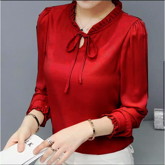 ZAZA_FASHION Baju Atasan Wanita Terbaru 2021 Real Pict Blouse Wanita Hits Kerah Kerut-5