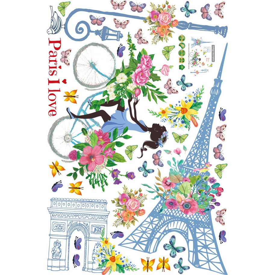 RELIZA Wall Sticker / Stiker Dinding 60X90 I LOVE PARIS EIFFEL BLUE GIRL SK9164