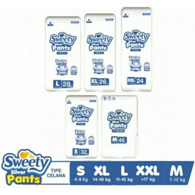 Popok Diapers Sweety Silver Pants M30 pcs ,L28pcs ,xl 26 pcs, XXL 36pcs,XXL 24 pcs (kemasan putih)
