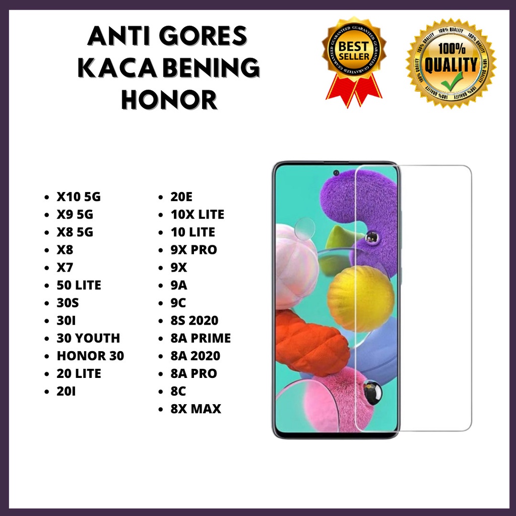 &lt; TEMPERED GLASS KACA BENING &gt; HONOR X10 5G-X9 5G-X8 5G-X8-X7-50 LITE-30S-30I-30 YOUTH-HONOR 30-20 LITE-20I-20E-10X LITE-10 LITE-9X PRO-9X-9A-9C-8S 2020-8A PRIME-8A 2020-8A PRO-8C-8X MAX (HOKKY ACC)