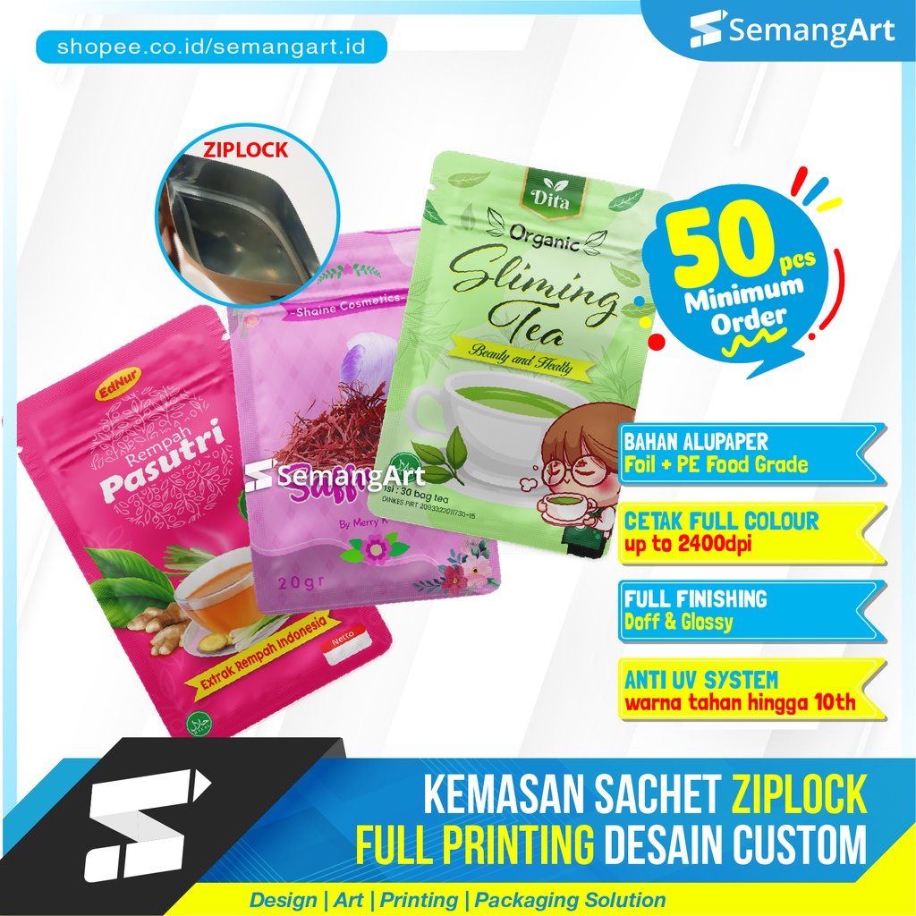 Kemasan Sachet Ziplock Full Printing Wadah Masker / Bungkus Makanan Desain Custom - Semangart