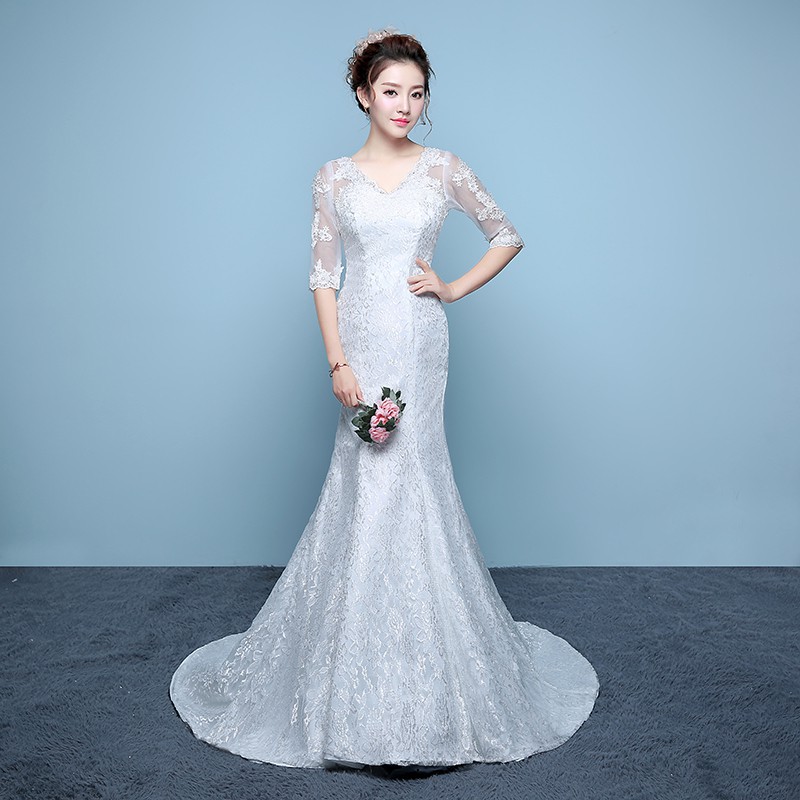 Women Bridal White Mermaid Long Tail Wedding Dress V-neck Half Sleeve Lace Embroidery Wedding Guan