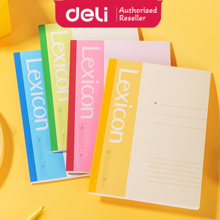 Deli Buku Tulis Notebook Tanpa Jilid Kawat, Soft Cover 4 Warna 30 Lembar A5 7650