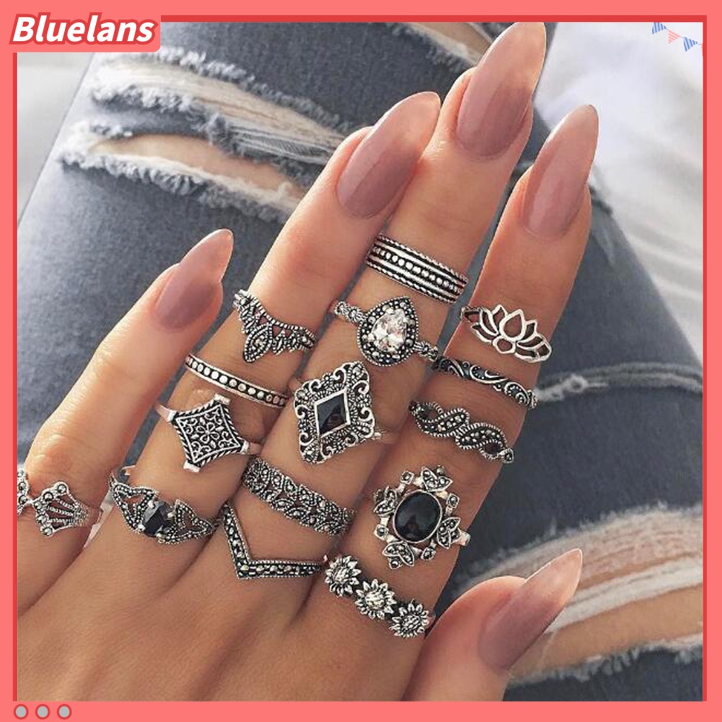 Bluelans 15 Pcs Cincin Berlian Imitasi Model Terbuka Tidak Pudar Gaya Bohemian Untuk Wanita