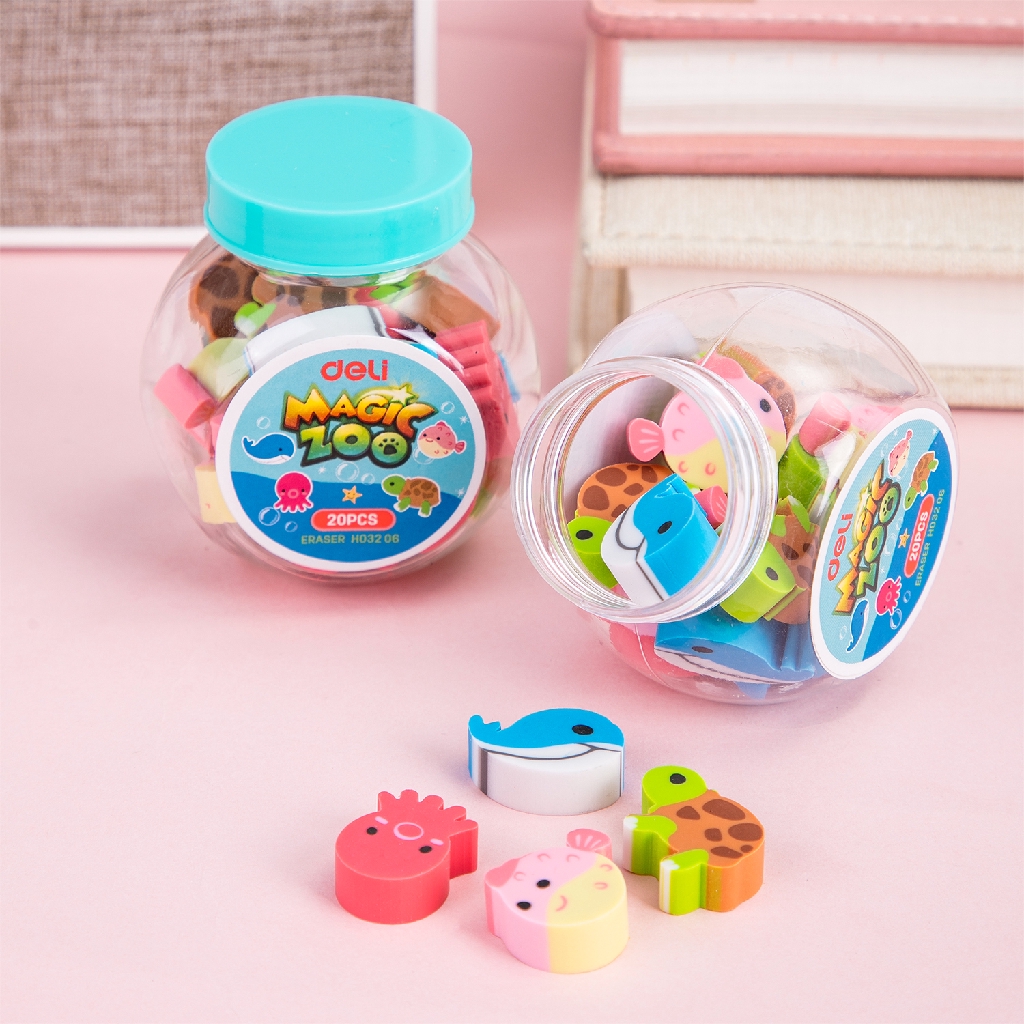 HAPPY TIME DELI ERASER PENGHAPUS MAGIC ZOO BUCKET ISI 20 PCS KARAKTER ANIMAL HEWAN LUCU MIX EH03206