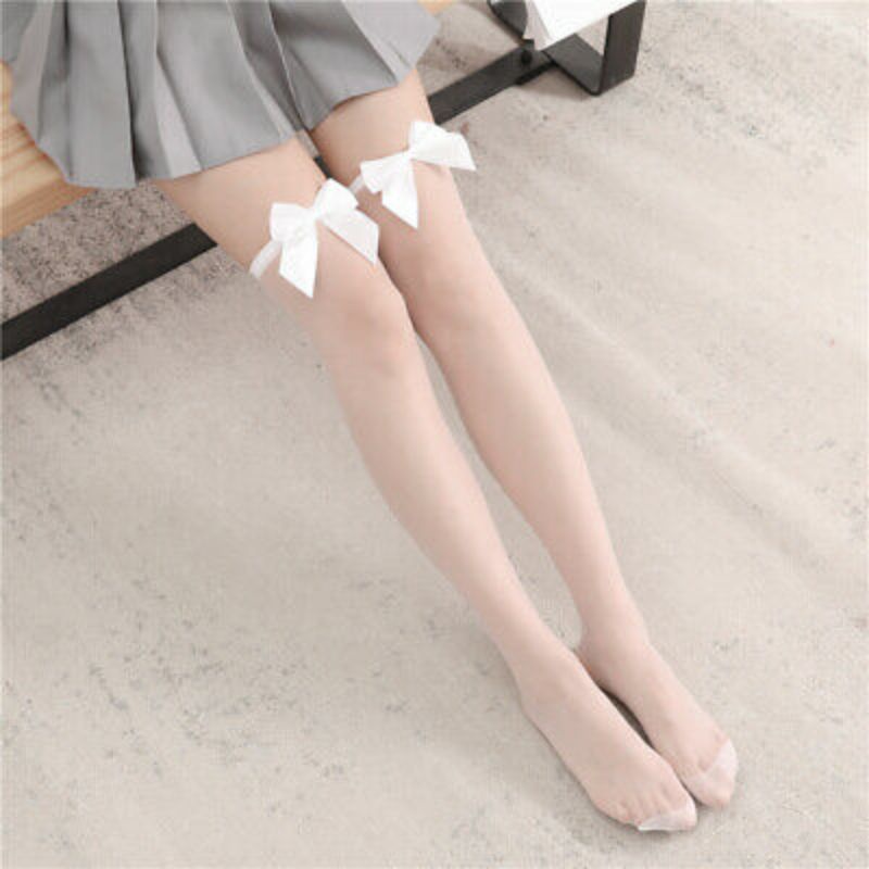 Stocking Wanita Sepaha Kaus Kaki Panjang Lolita High Knee Socks Pita Hitam Putih