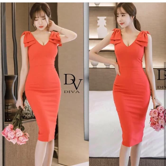 Dress DV merah scuba baju remaja korean style import murah st diva sj