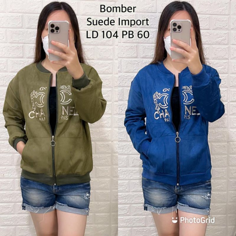 [REALPIC] JAKET BOMBER SUEDE IMPORT RENDA TANGAN PANJANG BORDIR-1
