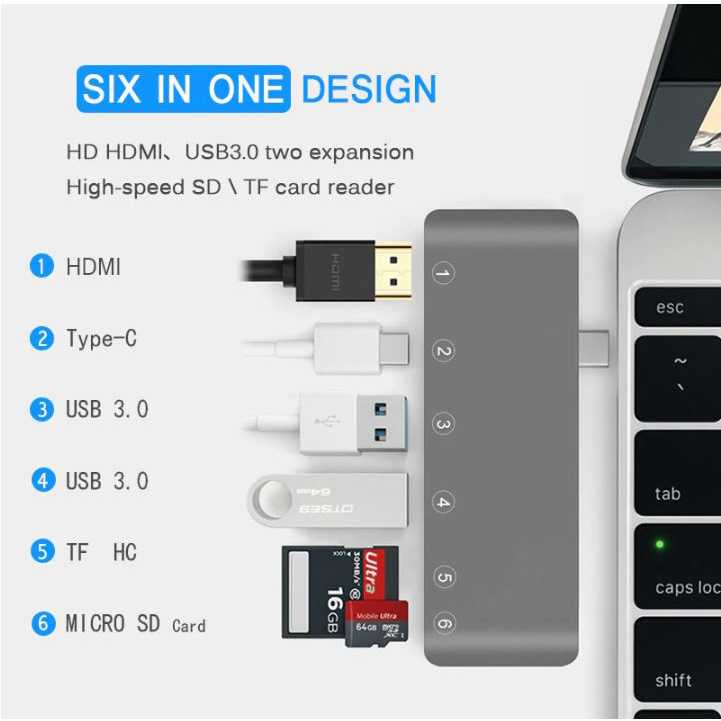 CHIPAL USB Hub 6 in 1 USB Type C with HDMI 4K &amp; Card Reader - T62-Gray