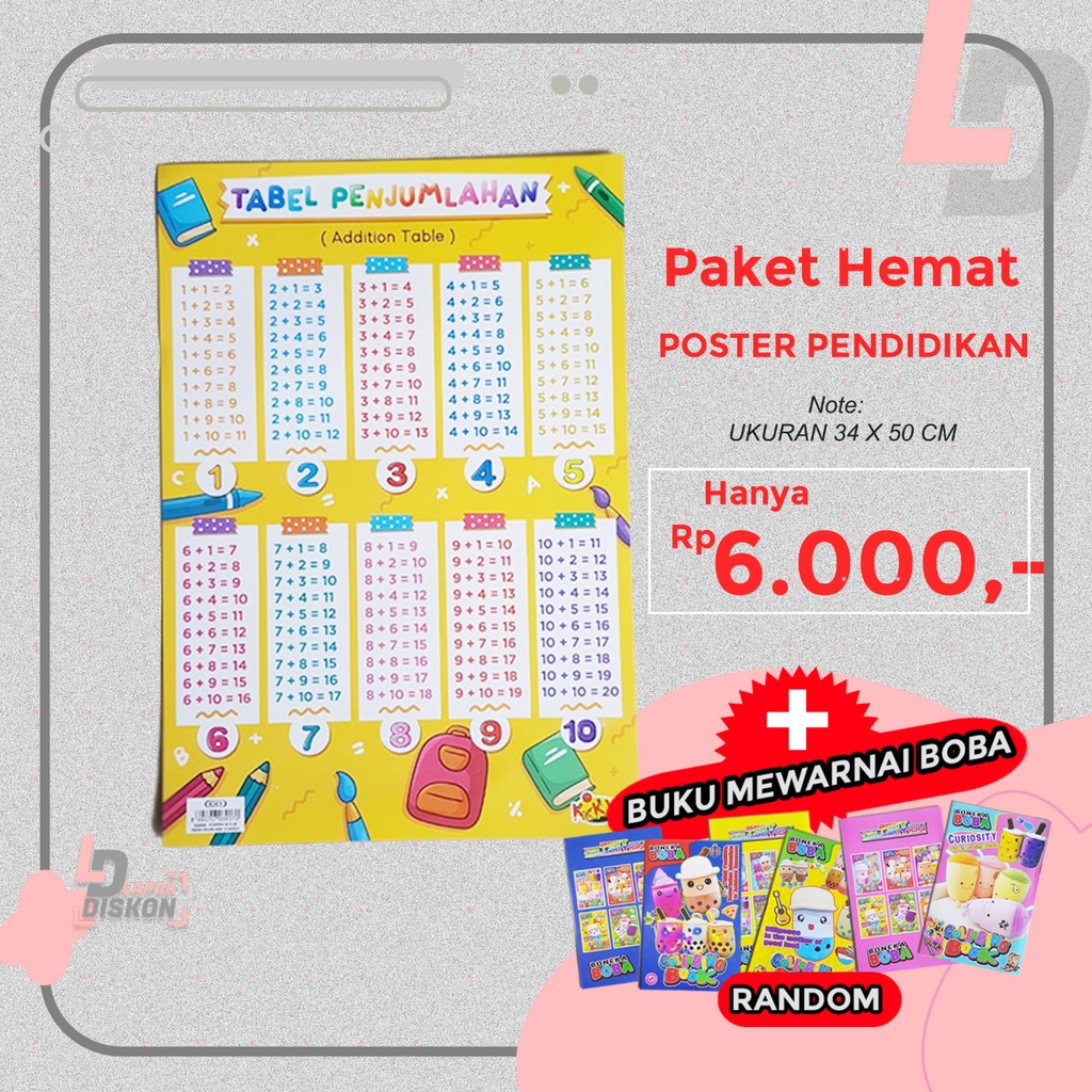 

PAKET HEMAT !!! Poster Pendidikan Tabel Penjumlahan 1-10 + Mewarnai Boba | Poster | Penjumlahan