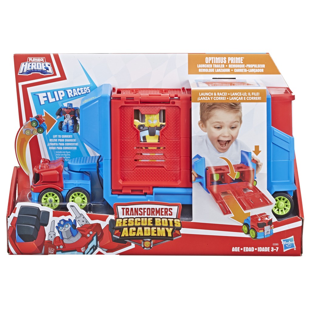 Playskool Transformers Rescue Bots Academy Flip Racers Optimus Prime Trailer