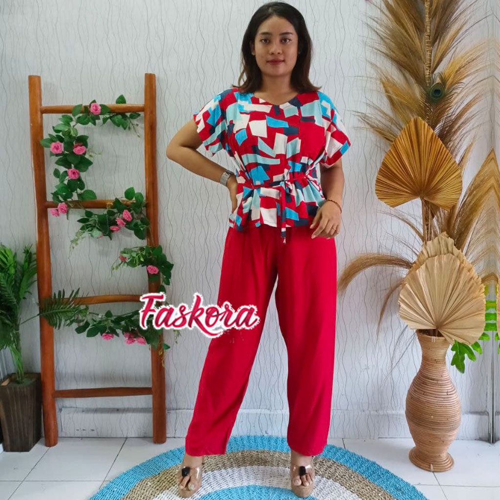 Piyama Wanita Rayon Jumbo Setelan Baju Tidur Kekinian Motif Geometri Lengan Pendek