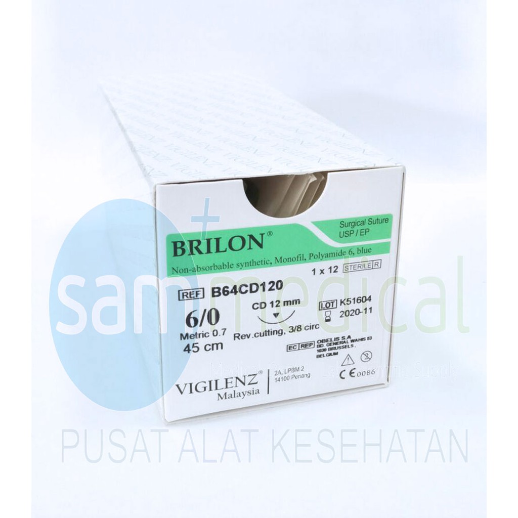 BRILON Dermalon 6-0 Benang Jahit + Jarum Hecting 3/8 cutting (12mm) @PCS