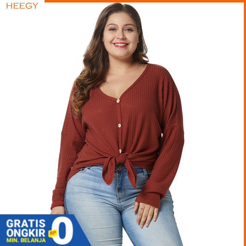 Baju Atasan Jumbo Sweater Rajut V-Neck Lengan Panjang Ukuran XL, 2XL, 3XL, 4XL Wanita