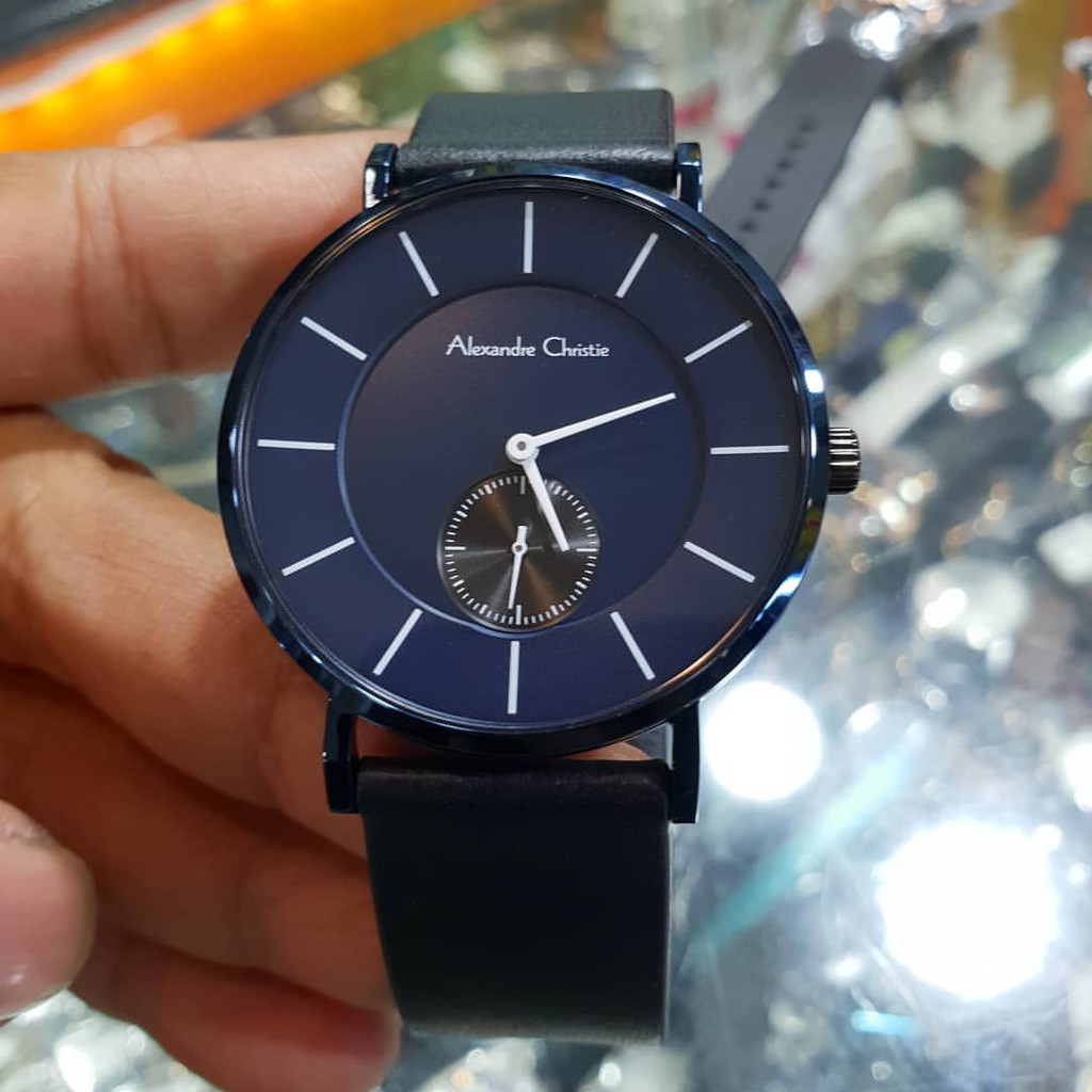 Alexandre christie original ac8484 jamtangan pria tali kulit hitam biru