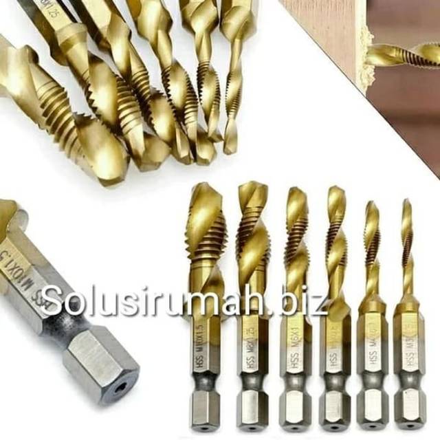 Mata Bor Pembuat Ulir Baut Tap Drill Bit HSS Titanium Coated Set 6pcs matabor drat buat gold ulih