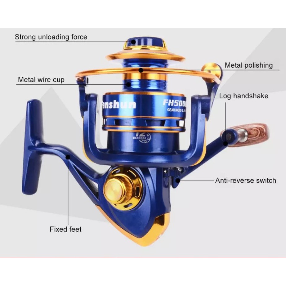 REEL 12 BB METAL SPOOL SPINNING REEL FANGSHUN FH 1000-7000 BLUE 8 KG DRAG