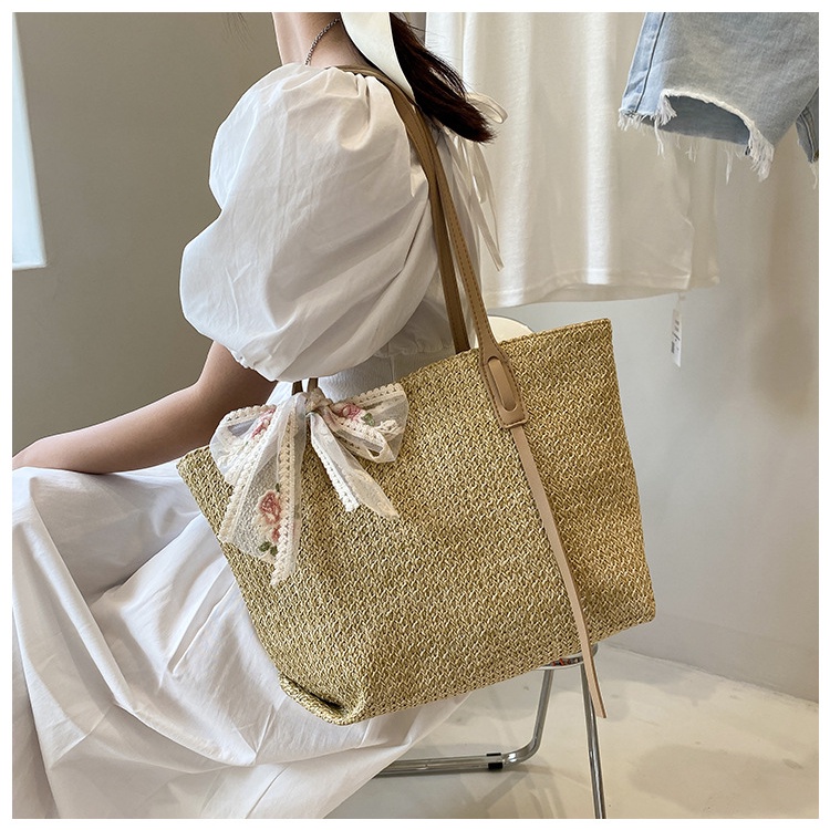 DBCOL Tas Tote Wanita Bahan Anyam Jerami Resleting/Totebag Fashion Korea Anyam Kulit Impor