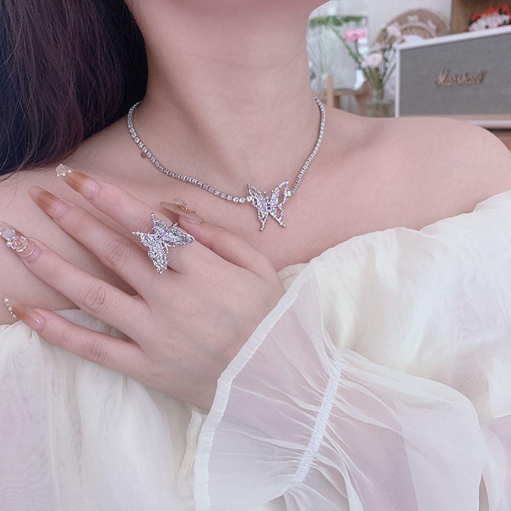 Mxbeauty Ungu Zirkon Kalung Perhiasan Aksesoris Kepribadian Mewah Kupu-Kupu Klavikula Rantai Berlian Imitasi Y2K Rings Alloy Kristal Gaya Korea Choker