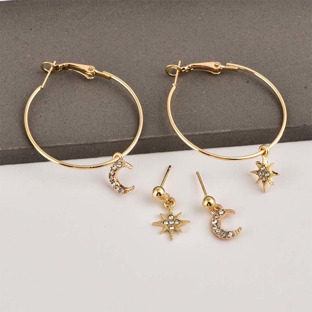 Hu Hu Hu Hu Hu Alat Bantu Pasang Kacamata♡ 4pcs / Set Anting Stud Bentuk Bulan Bintang Aksen Berlian Imitasi Untuk Wanita