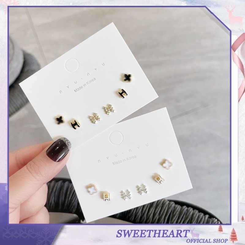 Set Anting Stud 925 Sterling Silver Needle Bentuk Hati Tulisan H Clover Gaya Korea