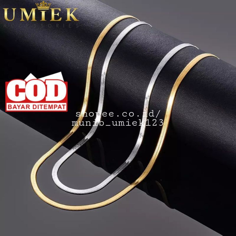 Kalung Pria Wanita Titanium Pipih Flat emas gold kuning silver perak putih cowok cewek anti karat as