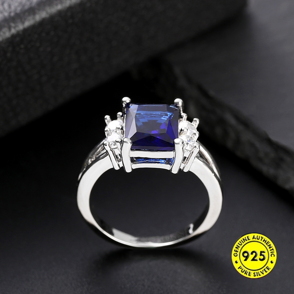 Cincin Zircon Persegi Bahan S925 Silver Platinum Gaya Korea